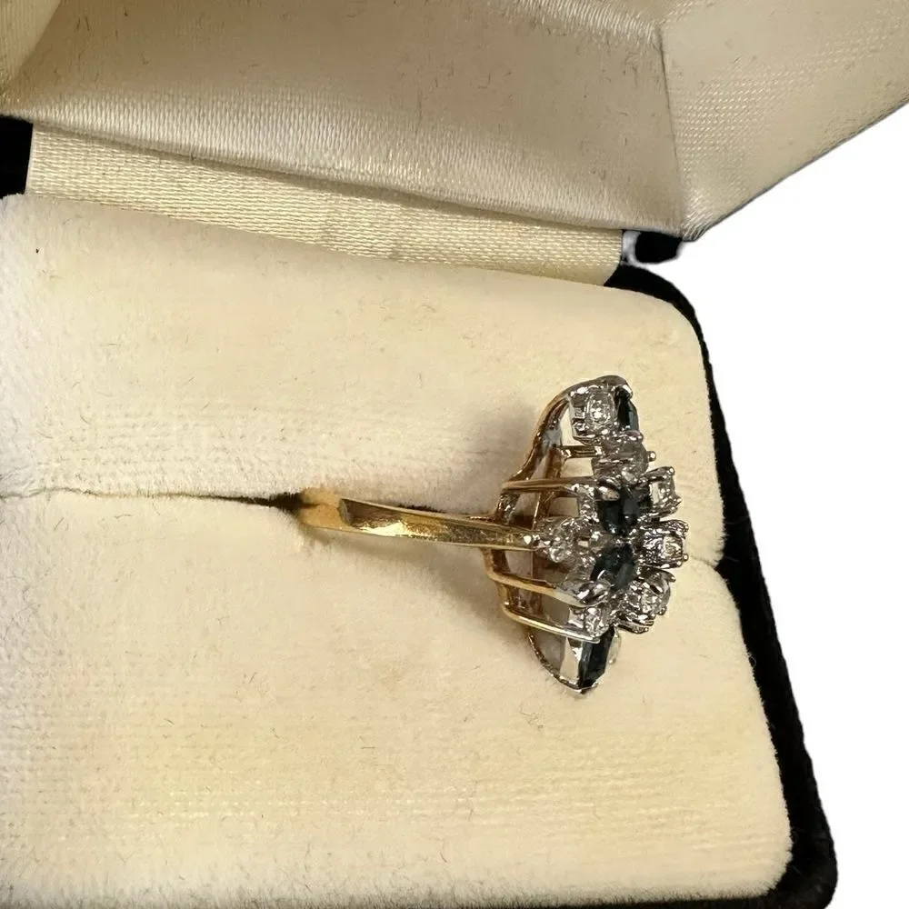 Vintage 18KT HGF Gold Sapphire blue gemstone and CZ cocktail ring Size 8-8.5